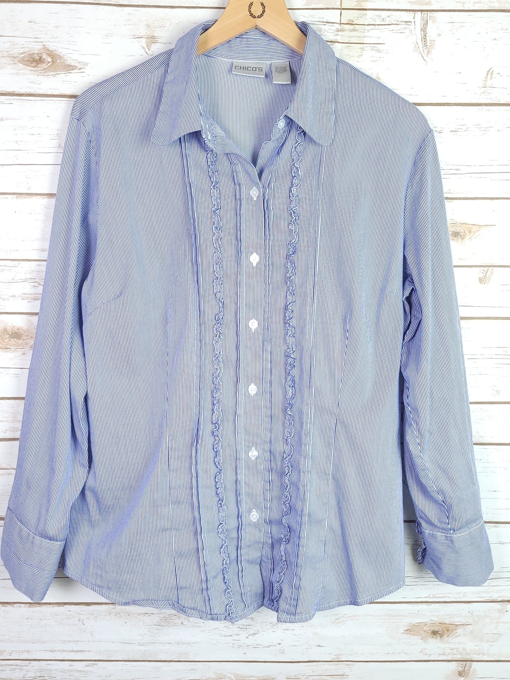 Chicos Button Up Shirt Size Xlarge Tuxedo Ruffle Blue White Pinstripe Classic